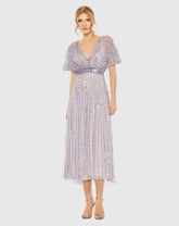 Purple Embellished Short Sleeve Empire Waist Dress